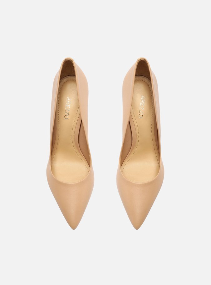 Scarpin Bege Couro Salto Alto Fino Bico Fino