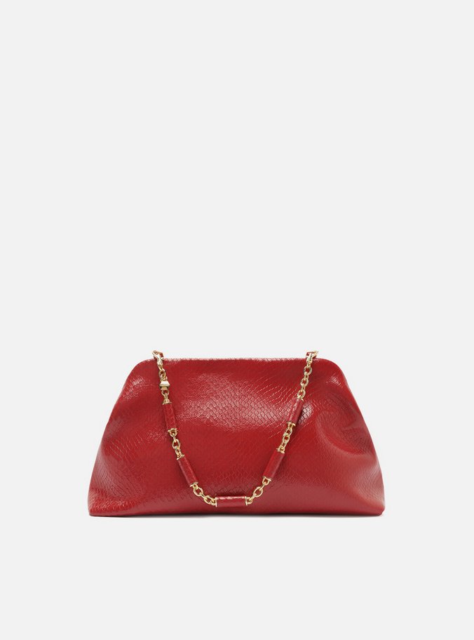Bolsa Clutch Vermelha Couro Média Snake Corrente