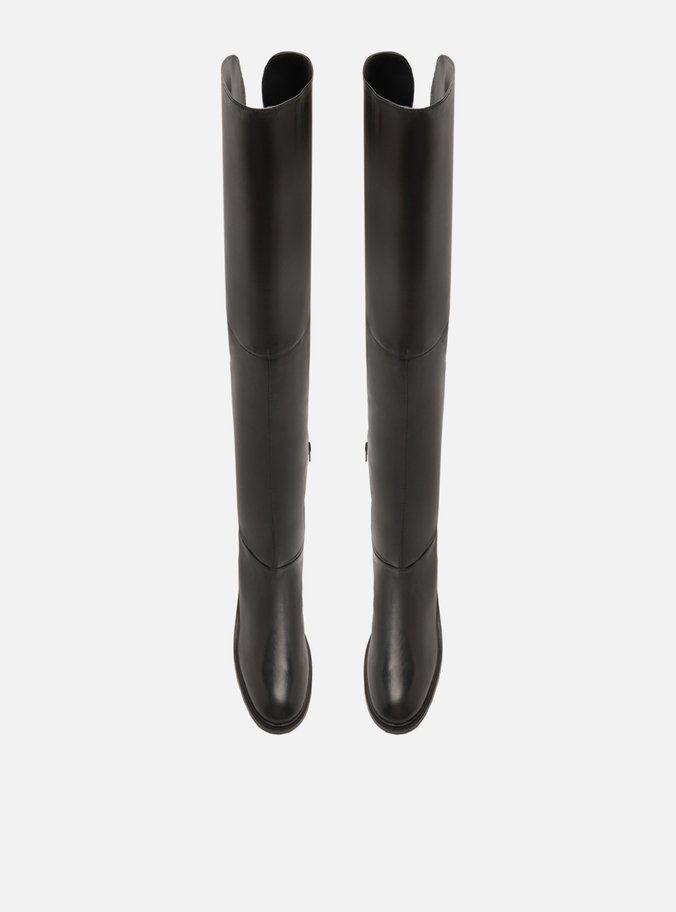 Bota Over The Knee Preta Couro Salto Bloco