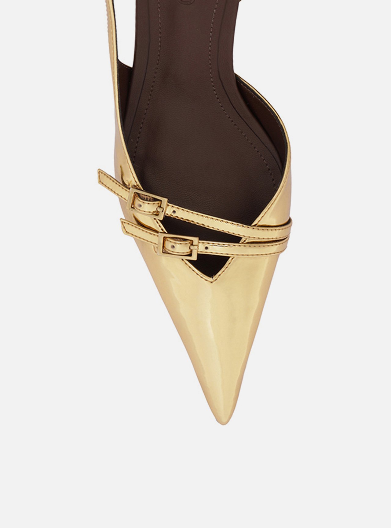 Scarpin Dourado Couro Salto Baixo Fino Fivelas — foto 5