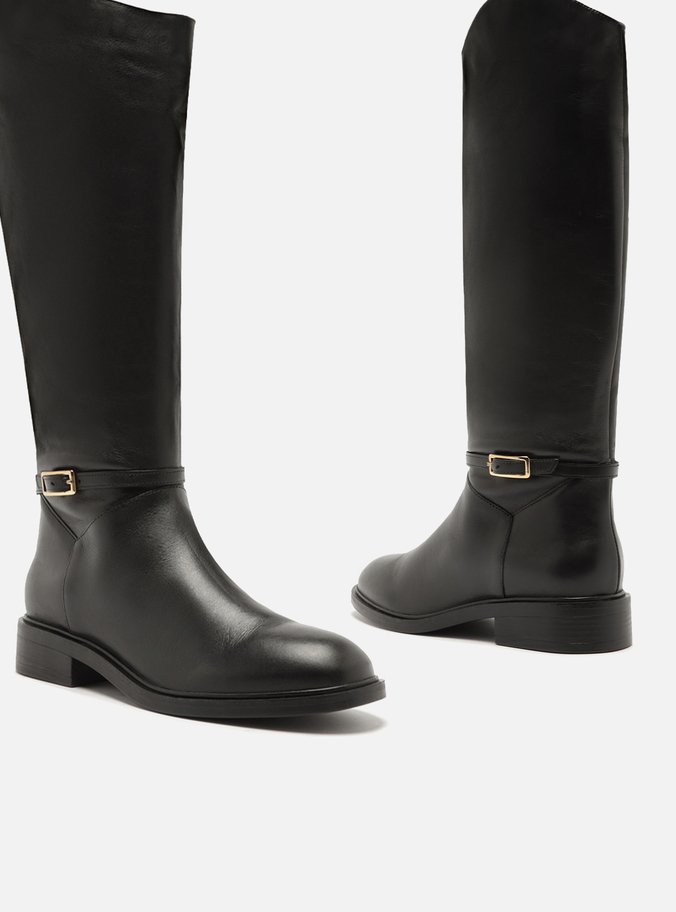 Bota Preta Couro Cano Longo Montaria Fivela