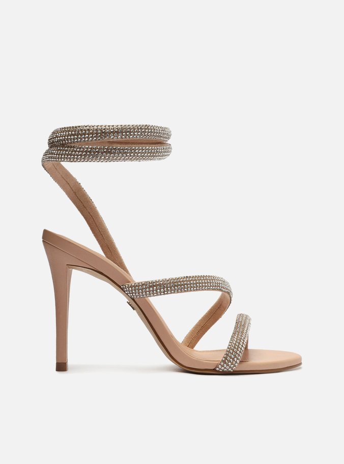Sandália Bege Salto Fino Espiral Strass Glam
