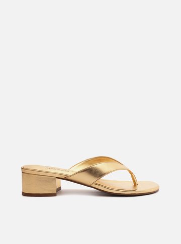 Sandália Dourada Salto Bloco Flip-Flop