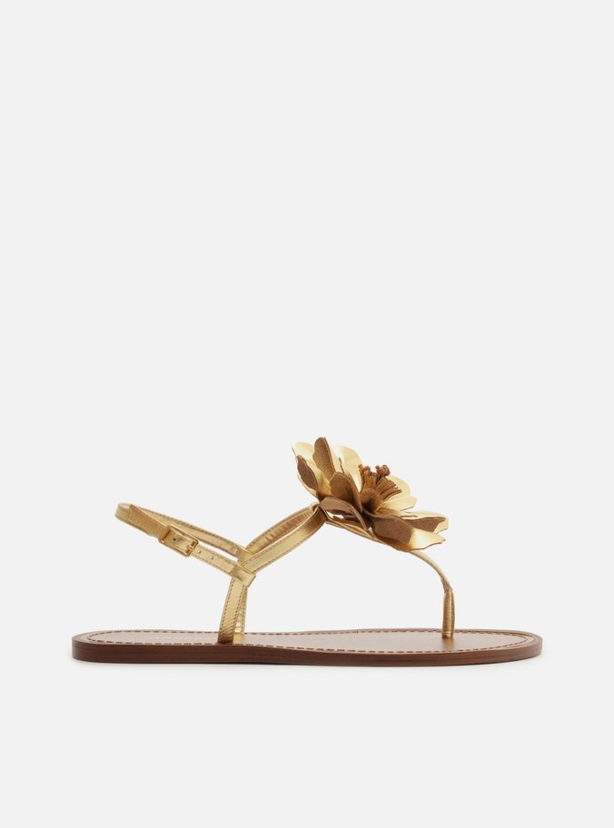 Sandália Rasteira Dourada Couro Slim Flor