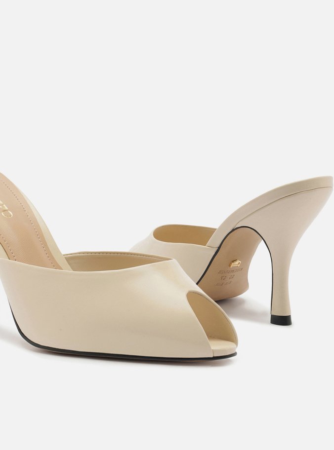 Mule Peep Toe Branca Couro Salto Alto