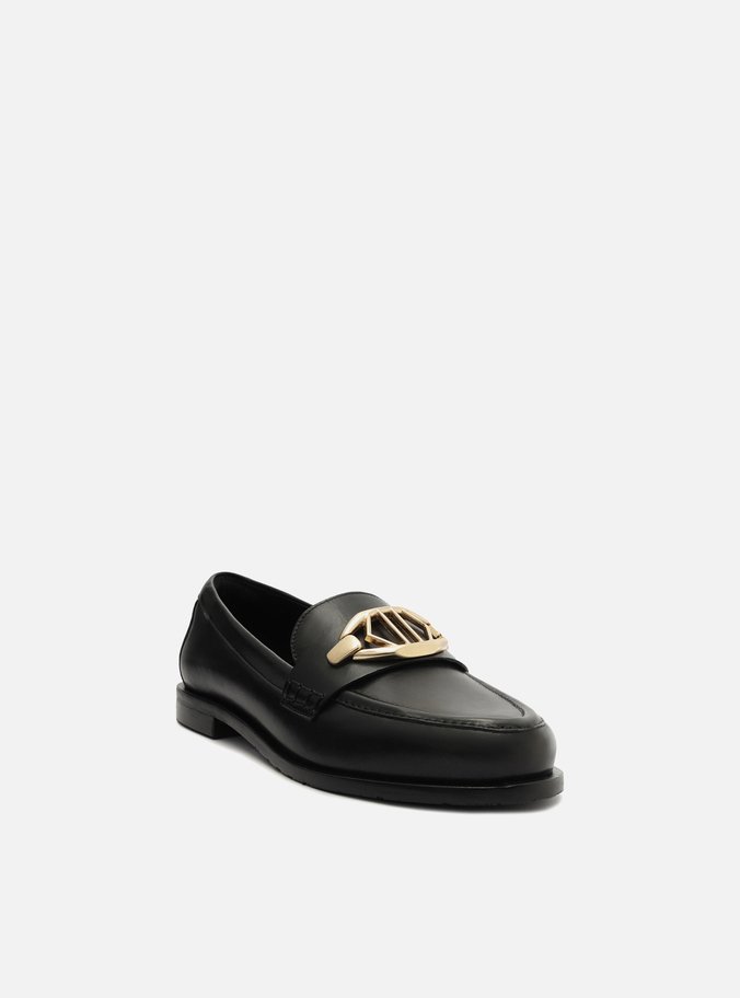Mocassim Preto Couro Metal Geométrico