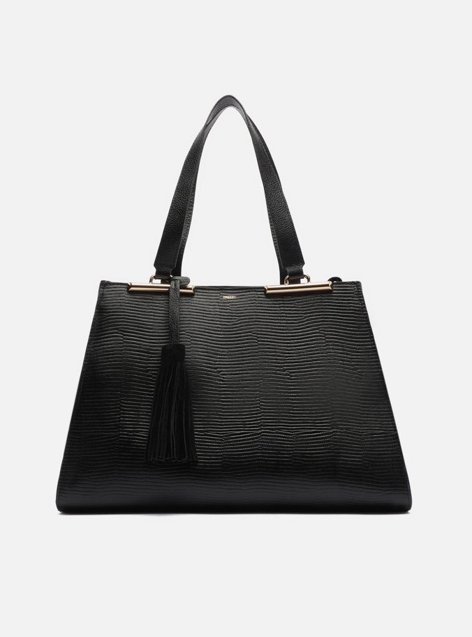 Bolsa Shopping Preta Couro Grande Croco Franja