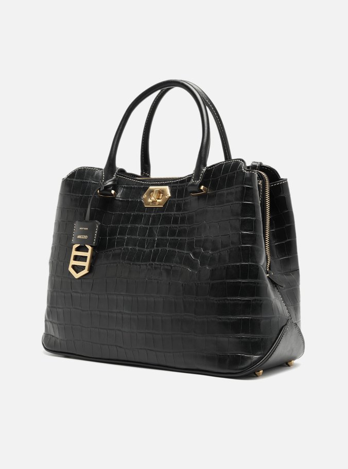Bolsa Shopping Preta Couro Grande Croco Charm