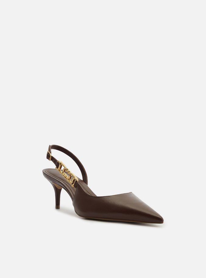 Scarpin Marrom Couro Bico Fino Detalhe Metal