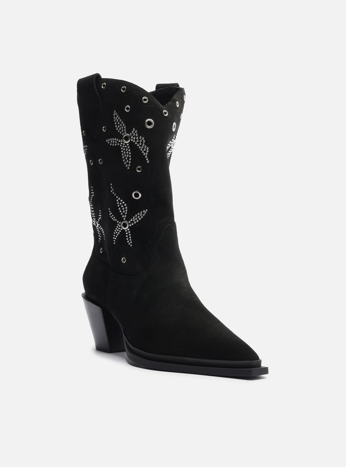 Bota Preta Acamurçada Cano Longo Bordada Western