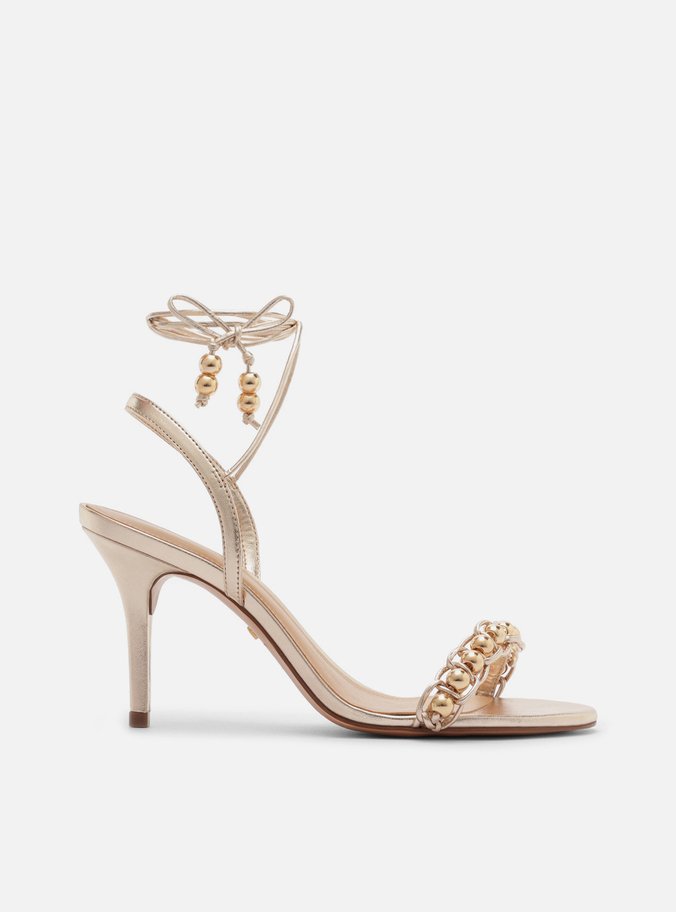 Sandália Dourada Salto Médio Fino Esferas Amarração