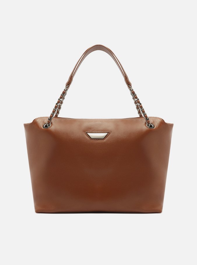 Bolsa Shopping Marrom Couro Grande Metal