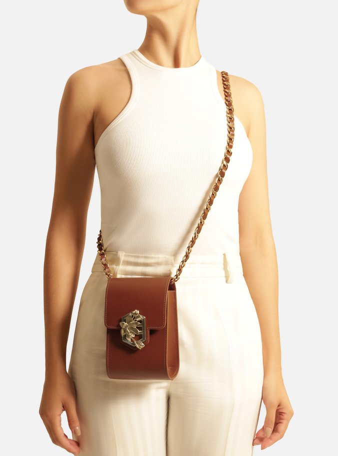 Mini Bag Marrom Couro Porta-Celular Metal Flor