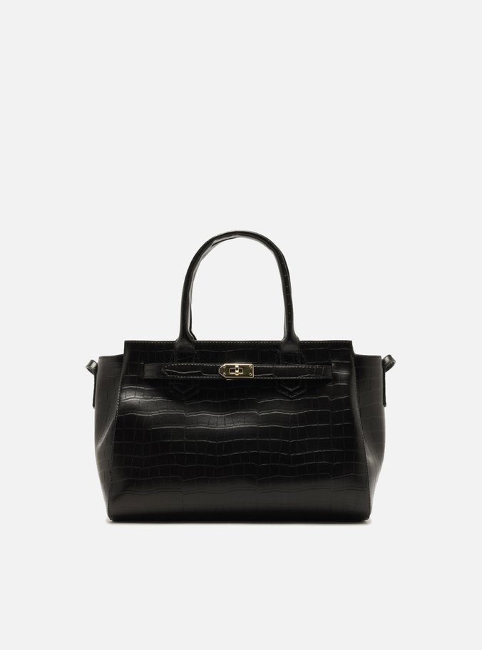 Bolsa Tote Preta Média Croco Metais Dourados