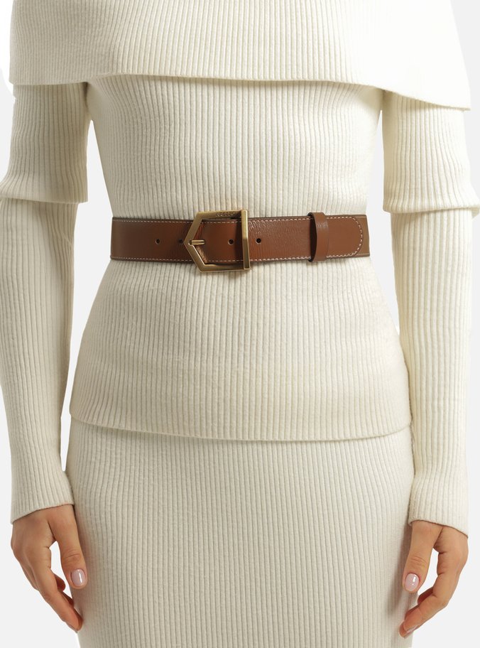 Cinto Marrom Couro Fivela Metálica Geométrica