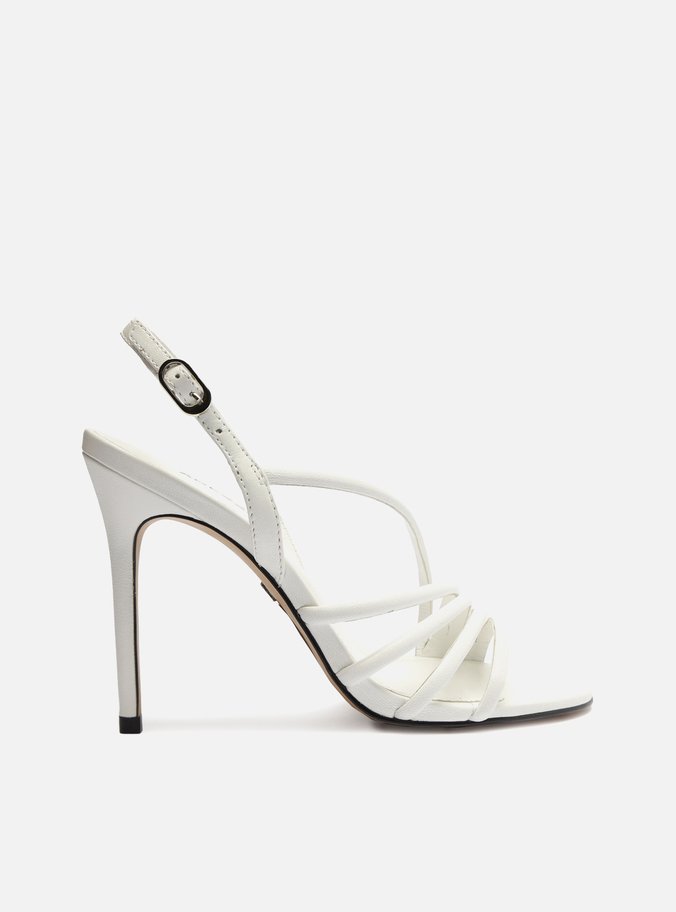 Sandália Branca Salto Fino Tiras Diagonais