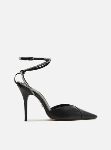 Scarpin Preto Couro Salto Alto Tiras Anny