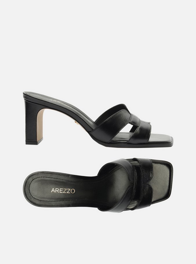Mule Preto Couro Bloco Bico Quadrado