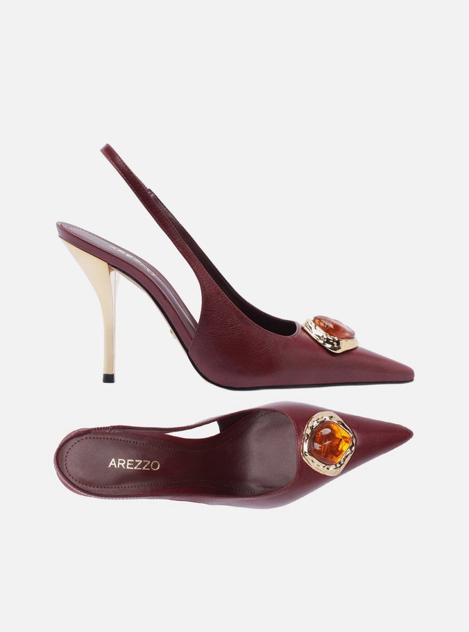 Scarpin Vinho Couro Salto Alto Slingback Pedraria