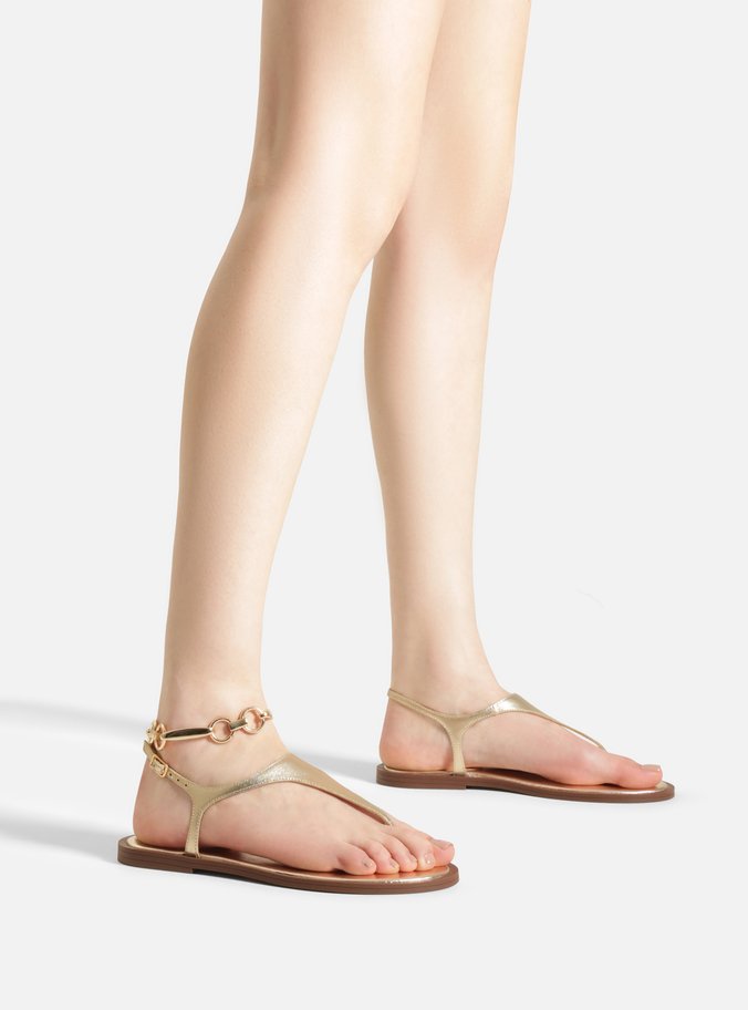 Sandália Rasteira Dourada Couro Thong Tornozeleira