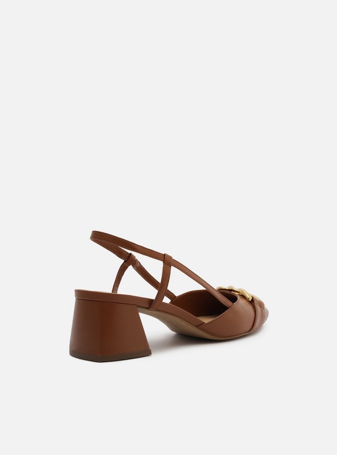 Scarpin Marrom Couro Bico Quadrado Aberto Metal
