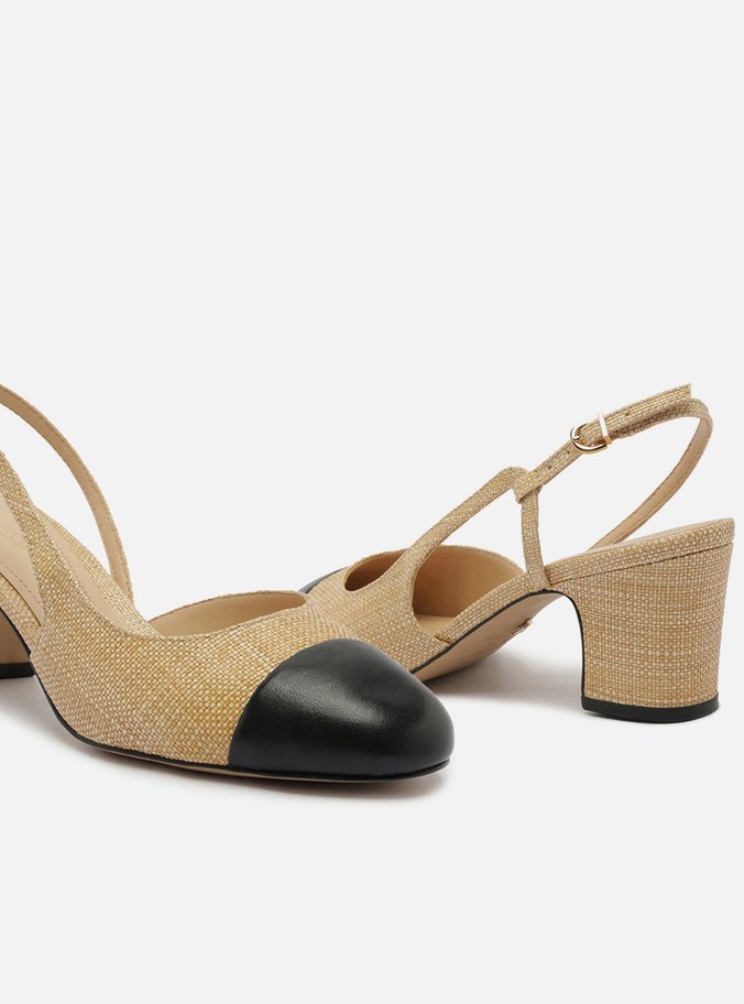 Scarpin Bege Palha Bico Redondo Cap Toe Preto