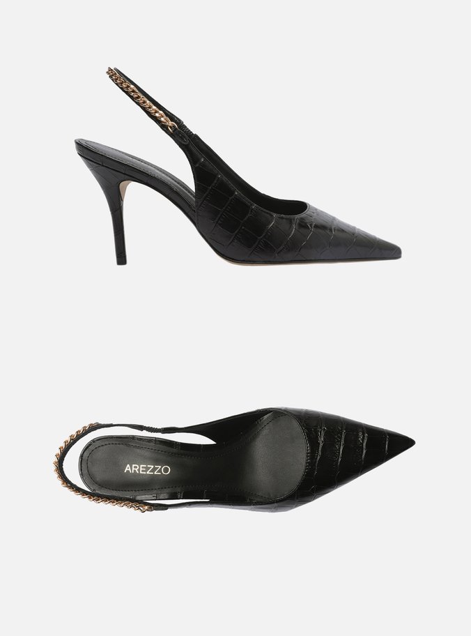 Scarpin Preto Croco Bico Fino Slingback Corrente