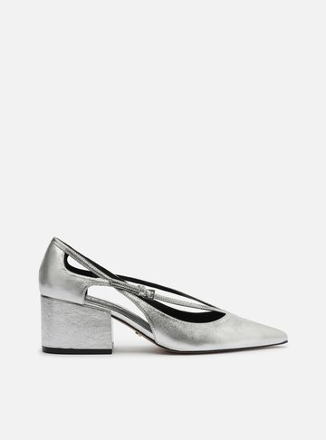 Scarpin Prateado Couro Bloco Semi Aberto Tiras