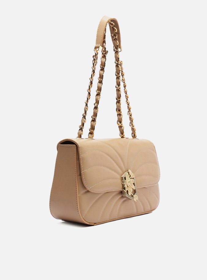 Bolsa Tiracolo Bege Couro Média Metal Flor