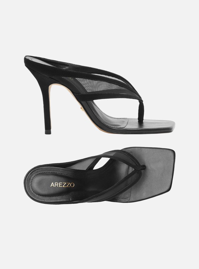 Mule Preta Tela Salto Alto Thong