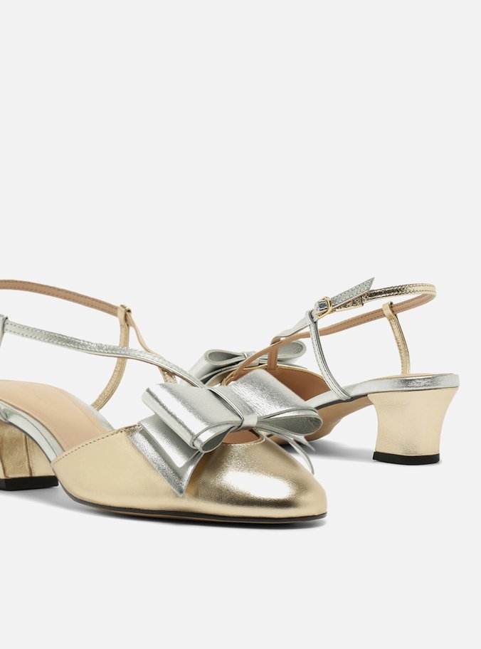 Scarpin Dourado Couro Salto Baixo Slingback Laço