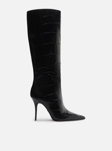 Bota Preta Croco Salto Alto Cano Médio Bico Fino