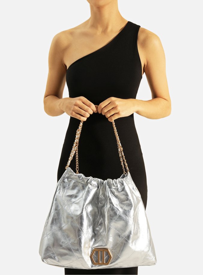Bolsa Hobo Prata Couro Esther Grande