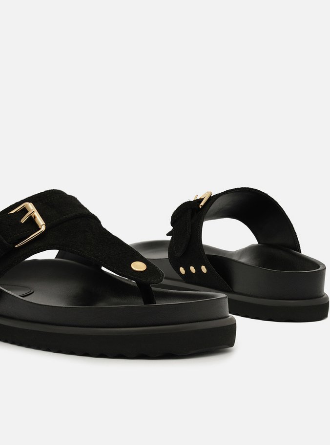Sandália Papete Preta Suede Tira Fivela
