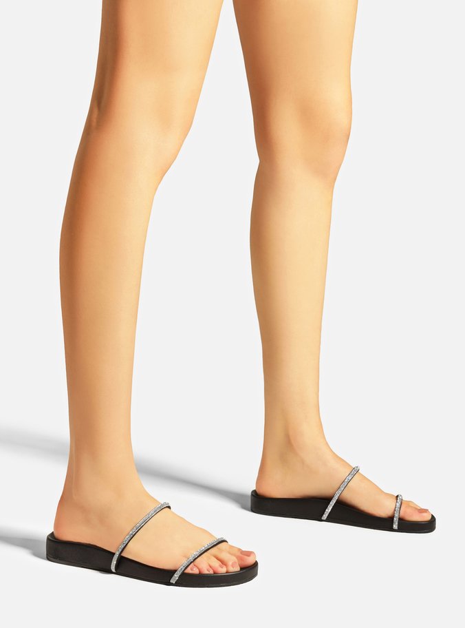 Sandália Rasteira Preta Tiras Strass Minimal