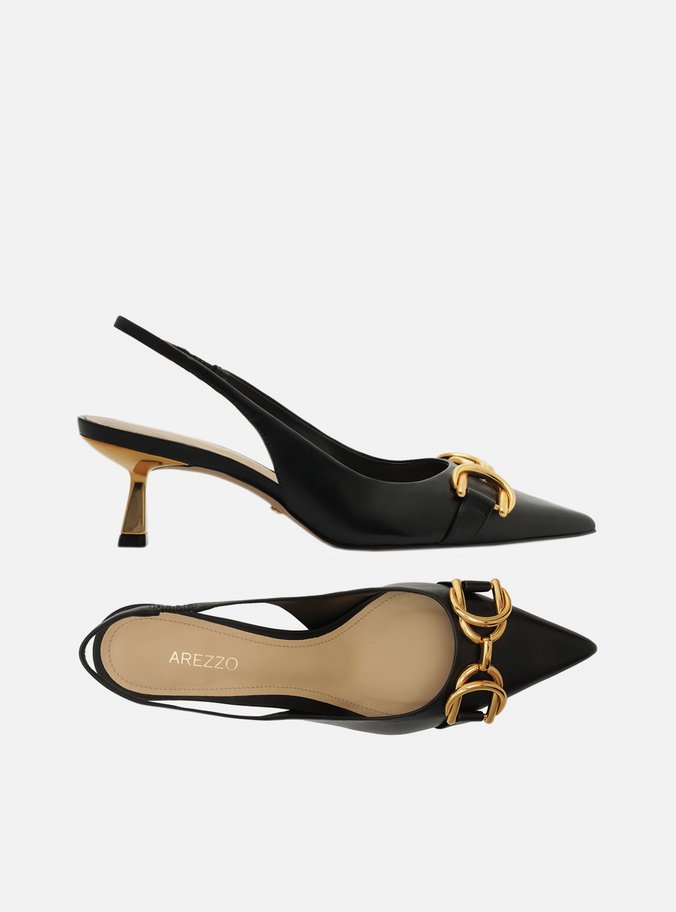 Scarpin Preto Couro Bico Fino Slingback Bridão