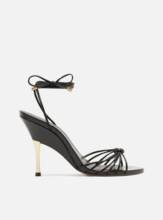 Sandália Preta Couro Salto Alto Fino Amarração