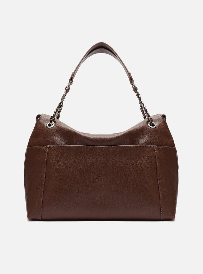 Bolsa Shopping Marrom Escura Couro Grande Metal