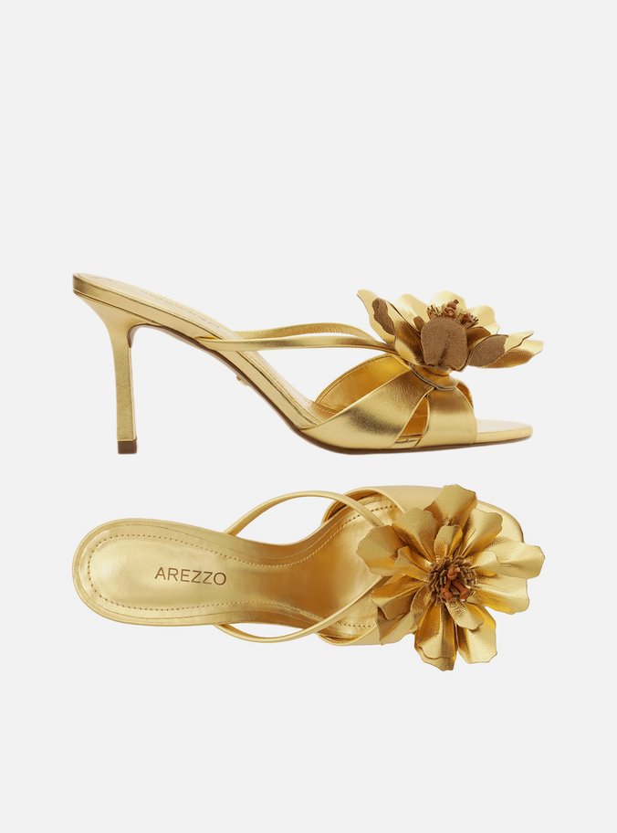 Mule Dourada Couro Salto Fino Flor