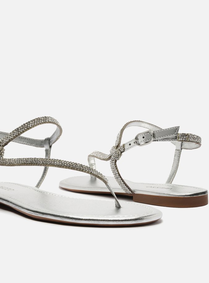 Sandália Rasteira Prata Tira Lateral Strass