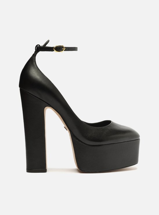 Scarpin Preto Couro Meia Pata Bloco