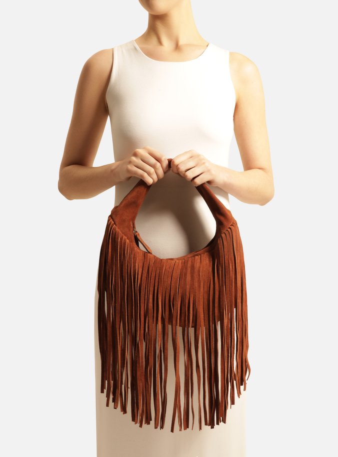 Bolsa Hobo Marrom Suede Pequena Franjas TIG