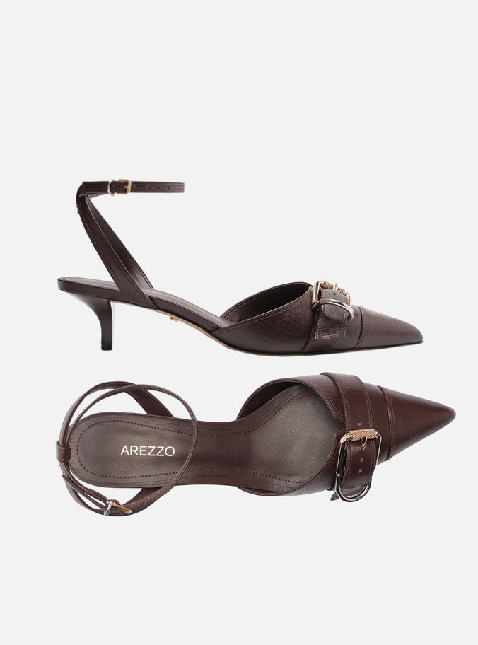 Scarpin Marrom Couro Salto Kitten Aberto Fivela