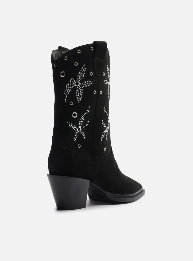 Bota Preta Acamurçada Cano Longo Bordada Western