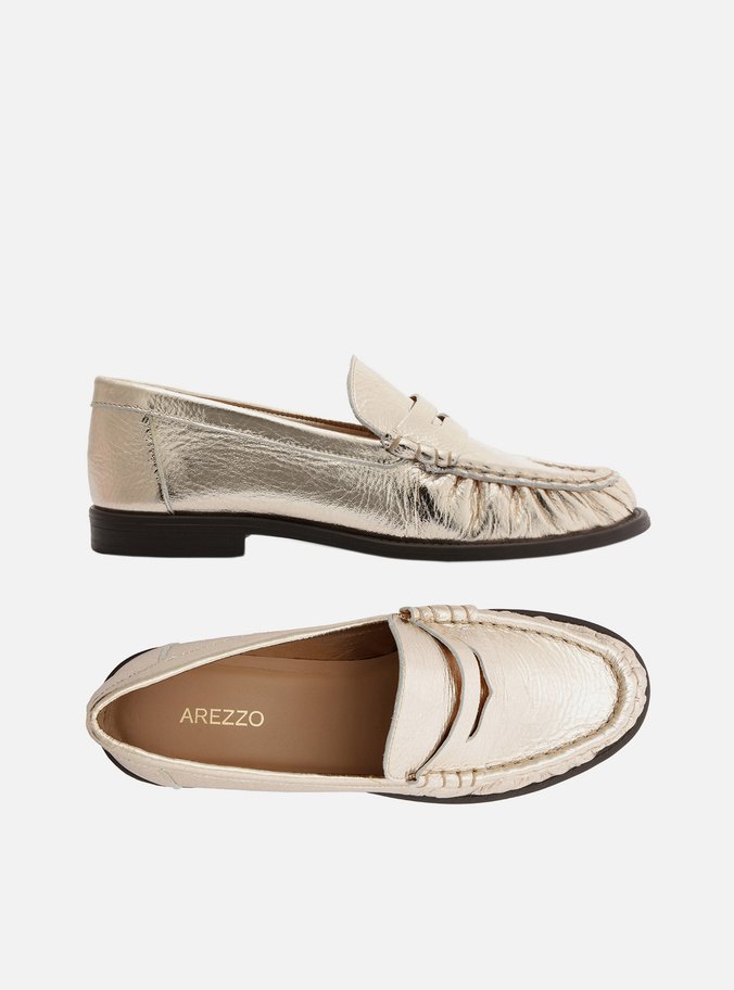 Mocassim Dourado Couro Franzido Tira