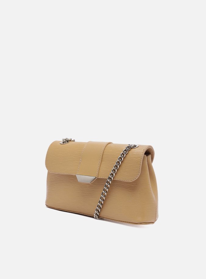 Bolsa Tiracolo Bege Couro Média Lapela Metal