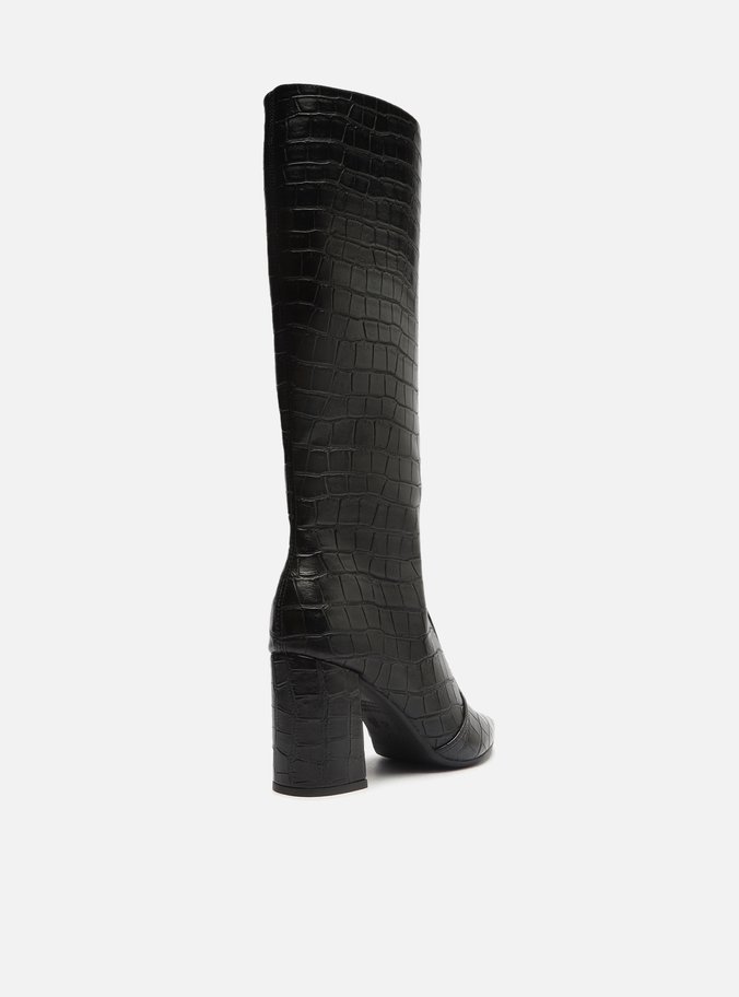 Bota Preta Croco Cano Longo Salto Bloco Easy