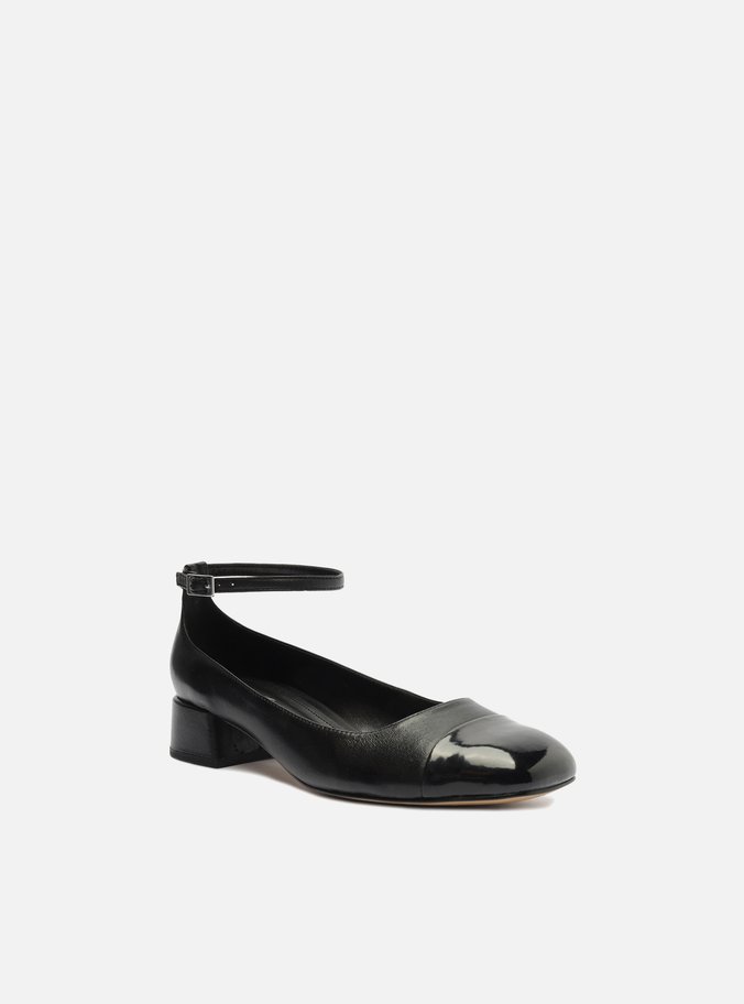 Sapato Boneca Preto Couro Bico Quadrado Cap Toe