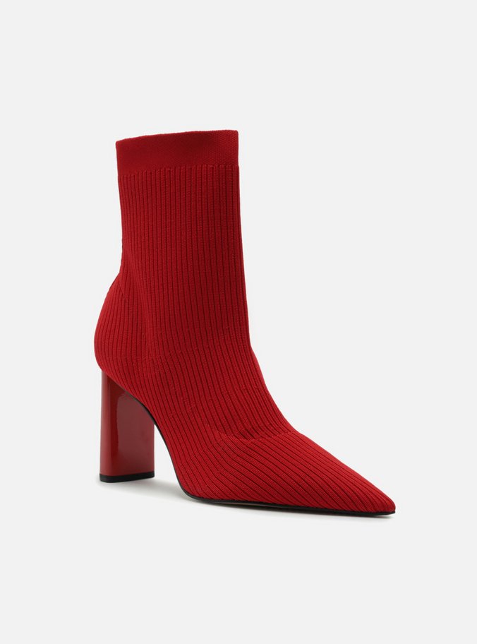 Bota Skinny Vermelha Knit Cano Médio Salto Bloco