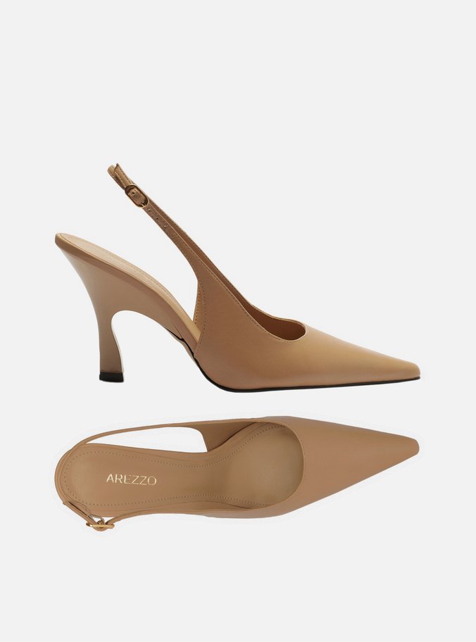 Scarpin Bege Nut Couro Salto Alto Slingback